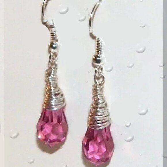 Pink Swarovski Crystal Teardrop Earrings: Sterling Silver Wire Wrapped Dangle - Picture 2 of 4